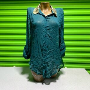 Living Doll Teal Button-Down with Gold Collar